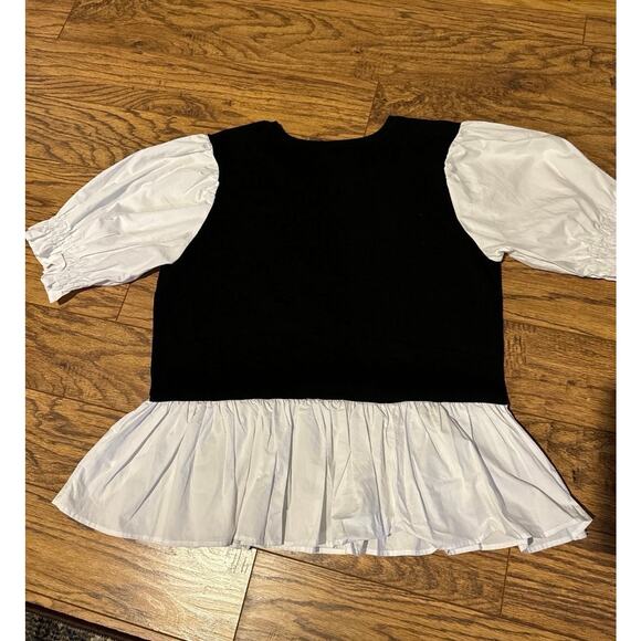 Anthropologie Layered Puff Sleeve Peplum Top XL Black White Preppy Chic - Picture 7 of 9